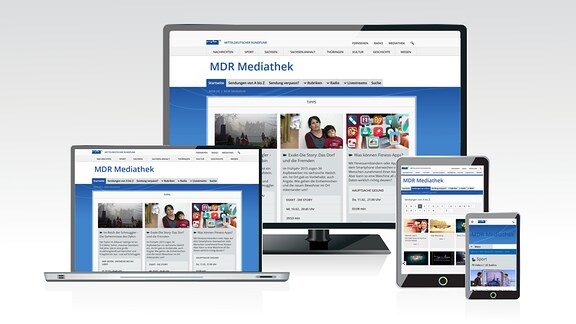 Laptopbildschirm und mobile Geräte zeigen die MDR-Mediathek 