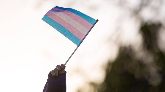 Eine Hand schwenkt die Transgender-Pride-Fahne