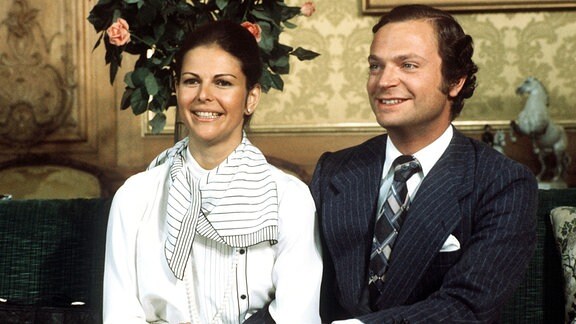 Der schwedische Köngi Carl Gustav von Schweden während seiner Verlobung mit der bürgerlichen Deutschen Silvia Sommerlath am 15. März 1976. 