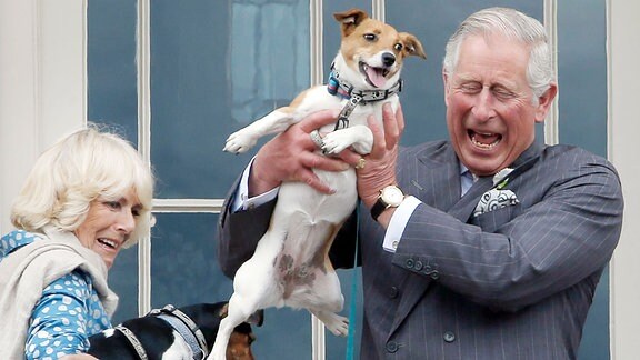 Der britische Thronfolger Prinz Charles, Prinz von Wales, und seine Frau Camilla, Herzogin von Cornwall, halten die Hunde Beth (l) und Bluebell während der Eröffnungshundeschau im Dumfries House hoch.