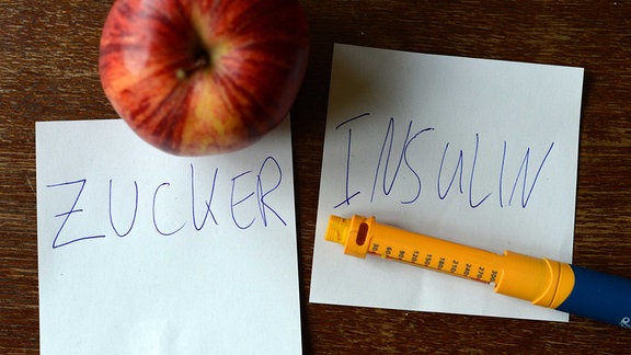 Illustration - Ein Insulinpen liegt neben dem kindlichen Schriftzug "Insulin"  Daneben ein Apfel über dem Schriftzug "Zucker".