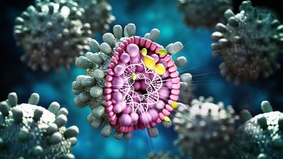 3D-Illustration Strukturelles Detail des Hepatitis-B-Virus auf blau-grünem Hintergrund.