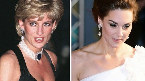 Die Kombo aus zwei Einzelbildern zeigt am 20.11.95 Diana, Prinzessin von Wales, und Kate, Herzogin von Cambridge (r). Beide tragen das gleiche Paar Ohrringe. 