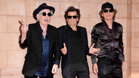 Keith Richards (l-r), Ronnie Wood und Mick Jagger kommen zur Launch-Veranstaltung ihres neuen Albums «Hackney Diamonds».