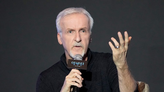 Regisseur James Cameron spricht auf einer Pressekonferenz zur Werbung für seinen neuesten Film "Avatar: Der Weg des Wassers".