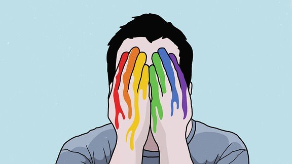 Illustration eines Mann, der sich mit den Regenbogenfarben bemalte Hände vor das Gesicht hält