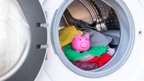 Ein Sparschwein steht in einer Waschmaschine.