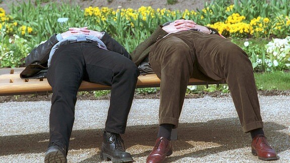 Zwei Besucher der Bundesgartenschau in Potsdam bei einem Nickerchen. 2001
