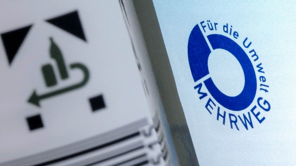 Pfand Mülltrennung Schild Text Symbol Flasche Dose Mehrweg Geld waagerecht