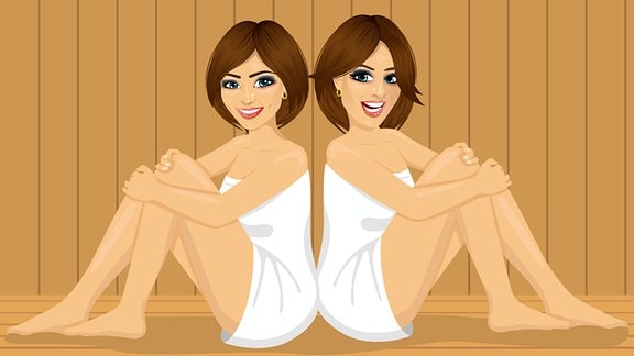 Zeichnung zweier Frauen die in einer Sauna sitzen.