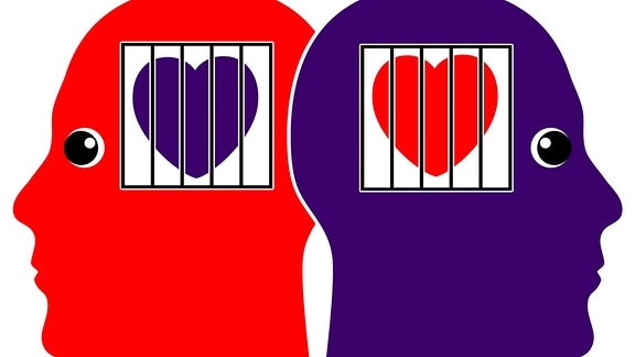 Illustration: Gefangene Herzen in zwei Männerköpfen symbolisieren das Tabu-Thema des Comingouts
