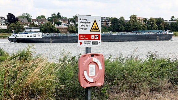Ein Schild mit einem Rettungsring warnt am Ufer vor den Gefahren beim Baden im Rhein.