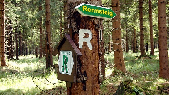 Ein Schild verweist auf den Rennsteig im Thüringer Wald