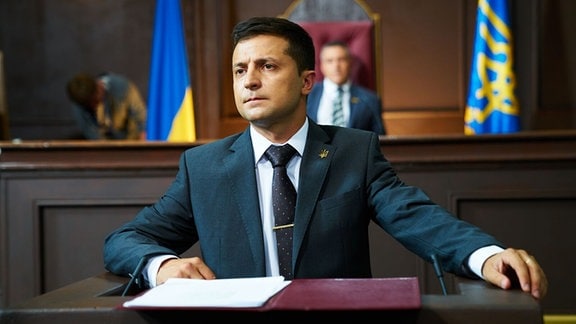 Ukrainischer Komiker und Präsidentschaftskandidat Wolodymyr Selenskyj in seiner Rolle als Präsident Goloborodko
