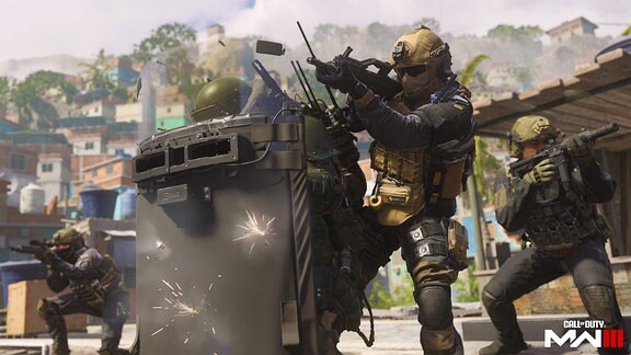 Zu sehen ist ein Screenshot aus dem Spiel, bewaffnete Personen in Vollmontur schießen und suchen gleichzeitig Schutz.