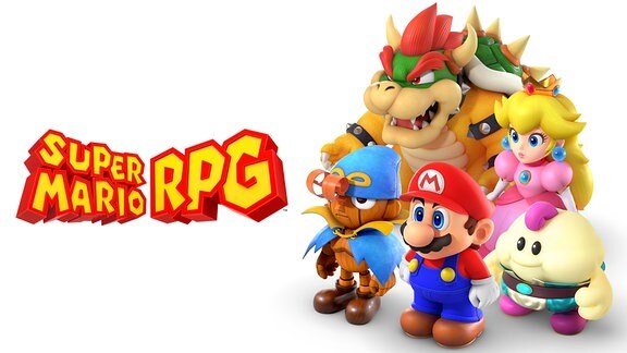 Neben dem Schriftzug "Super Mario RPG" stehen mehrere Videospiel-Figuren wie Super Mario oder Peach.