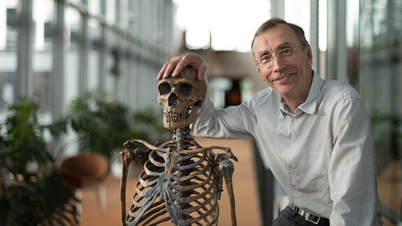 Prof. Svante Pääbo, Geschäftsführender Direktor des Max-Planck-Instituts für evolutionäre Anthropologie, mit dem Skelett eines Neandertalers - zusammengesetzt aus Knochen unterschiedlicher Fundorte