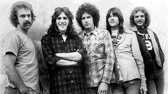 The Eagles: Bernie Leadon, Glenn Frey, Don Henley, Randy Meisner, Don Felder in den frühen 1970ern. 