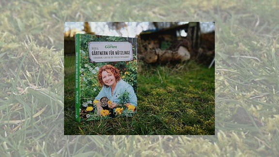 Auf einem Buchcover hält die Autorin Brigitte Goss eine Nisthilfe mit hohlen Stängeln für Insekten in der Hand. Das Buch steht in einem Garten auf einer Wiese. 