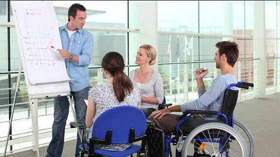 Drei Personen, eine davon im Rollstuhl, sehen auf ein Flipchart.