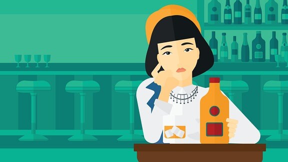 ein anmiertes Bild mit einer Frau am Tisch auf dem eine angedeutete Flasche Alkohol steht