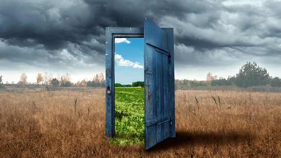 Foto-Montage: Auf einem verdorrten Feld steht eine Tür, durch die man auf eine grün blühende Wiese blicken kann.
