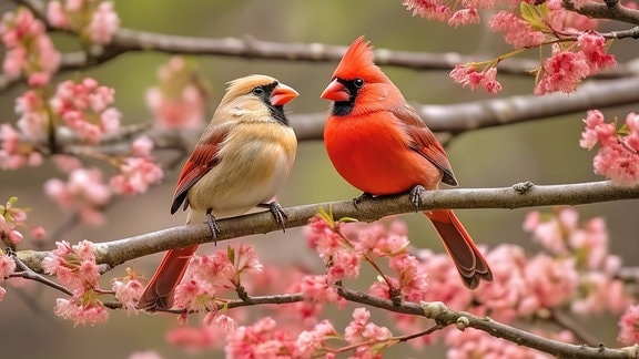 Zwei Kardinalvögel auf einem Kirschblütenbaum.