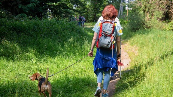 Frau mit Hund in einer Gruppe von Wanderern im Wald